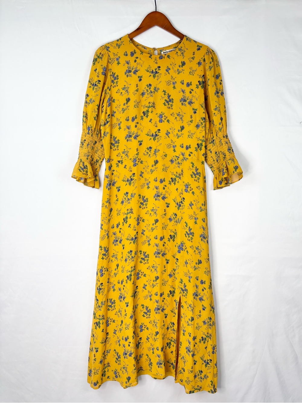 Reformation Carolena Floral Print Georgette Midi Dress Yellow Midi Size 10